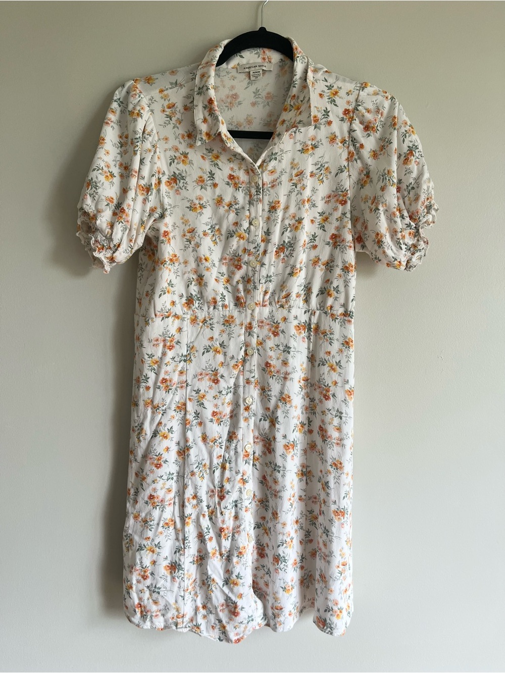 Sz M American Eagle Button-Front White Mini Dress with Puff Sleeves